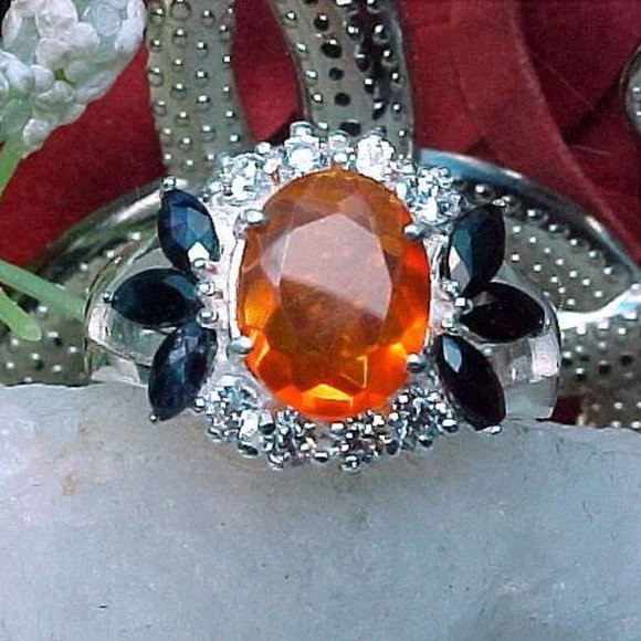 NATURAL MEXICAN FIRE OPAL RING AAA++ 9x7mm FACETED & BLUE SAPPHIRE 925 SS - Picture 1 of 11